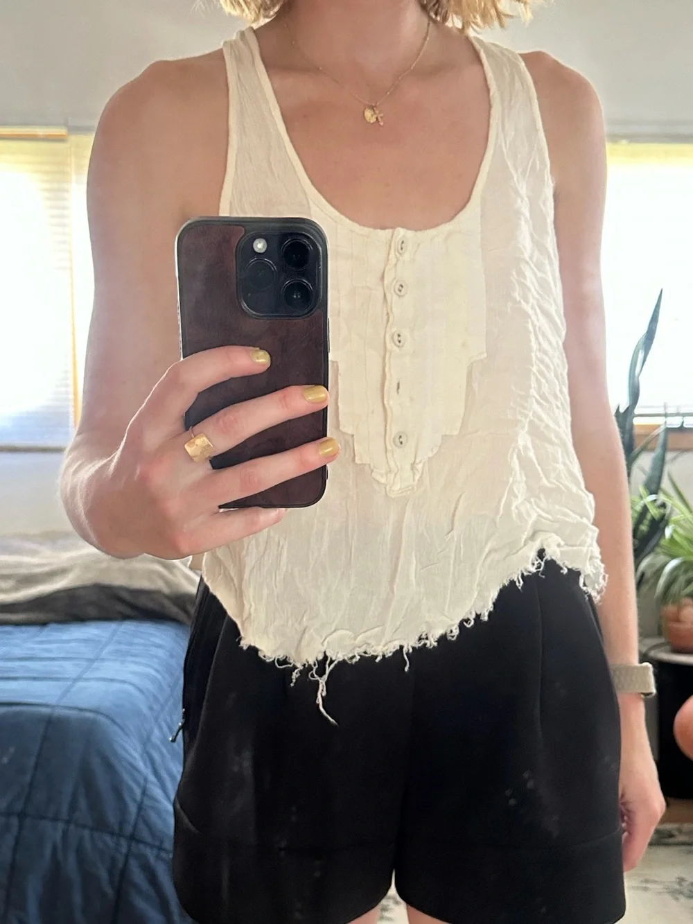 Free People Cream Button-Front Ruffle Tank - Picture 1 of 5